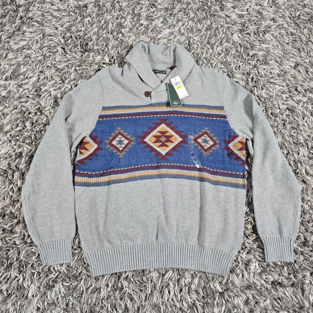 GH Bass Mens Shawl Neck Sweater Gray Southwestern Aztec Cotton Pullover Medium